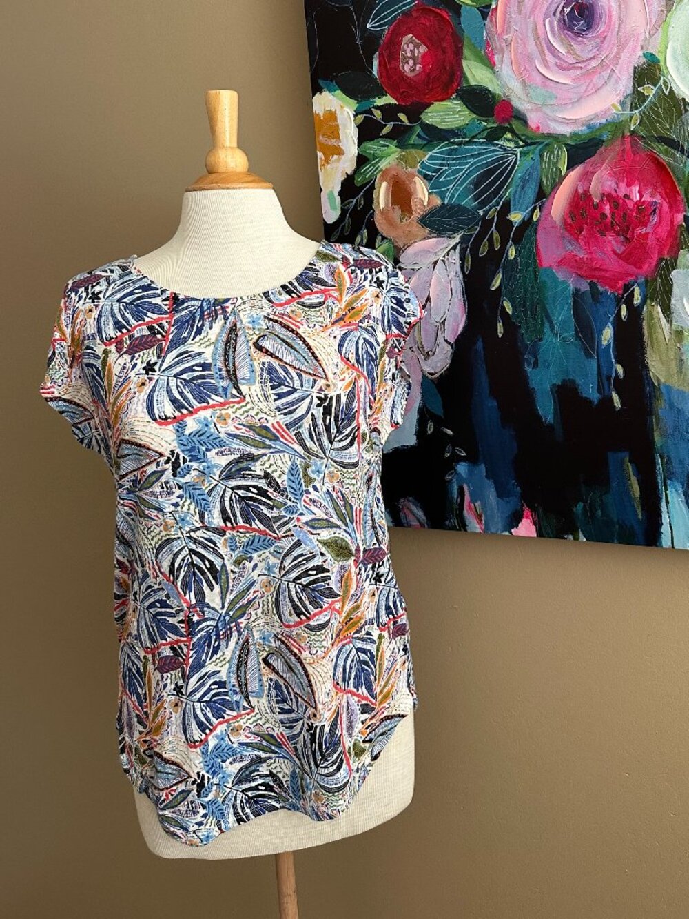 C&C California 100% Linen Tropical Leaf Print Short Sleeve Tee Top XL Coastal